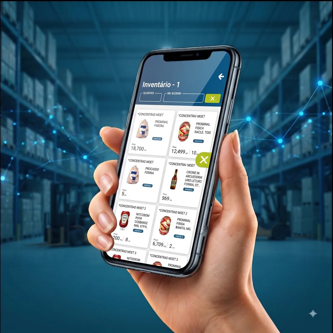 Aplicativo mobile do Yzidro ERP em uso para inventário de estoque dentro do armazém